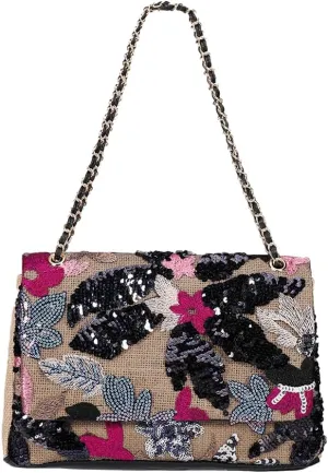 Floral Embroidery Woven Shoulder Bag for Women Shining Sequin Large Capacity Evening Clutch for Commuting Dating Party