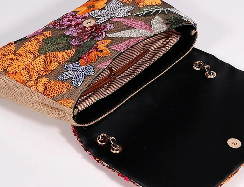 Floral Embroidery Woven Shoulder Bag for Women Shining Sequin Large Capacity Evening Clutch for Commuting Dating Party