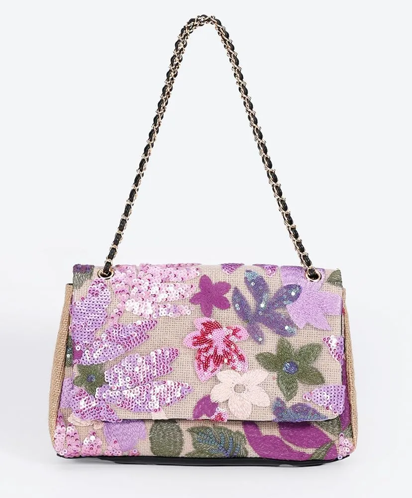 Floral Embroidery Woven Shoulder Bag for Women Shining Sequin Large Capacity Evening Clutch for Commuting Dating Party