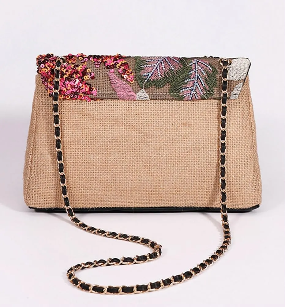 Floral Embroidery Woven Shoulder Bag for Women Shining Sequin Large Capacity Evening Clutch for Commuting Dating Party