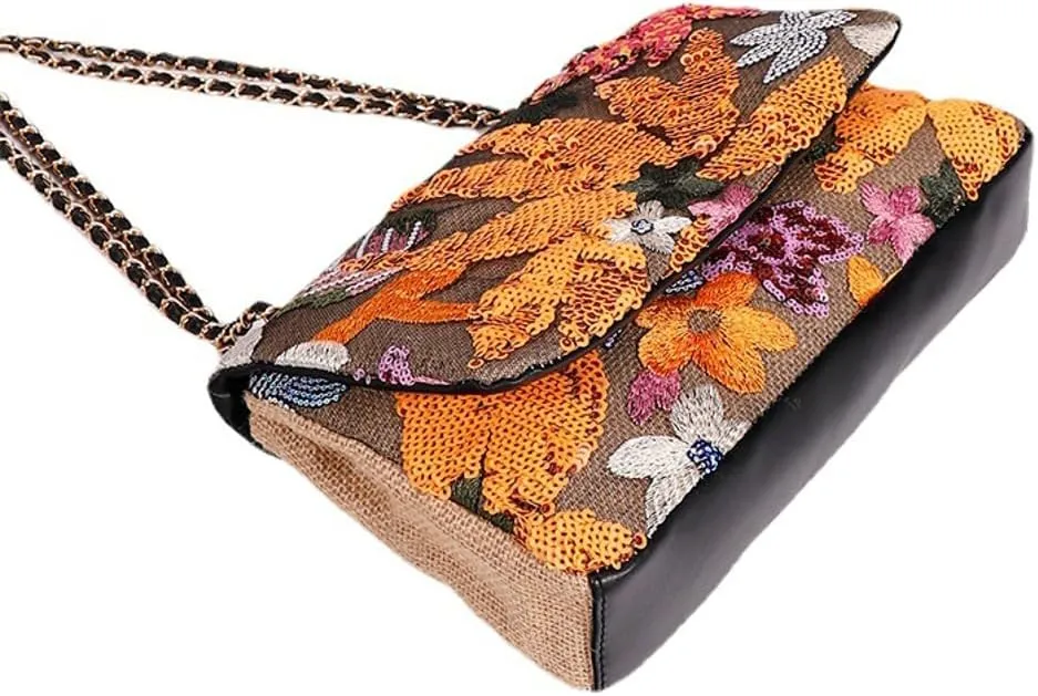 Floral Embroidery Woven Shoulder Bag for Women Shining Sequin Large Capacity Evening Clutch for Commuting Dating Party