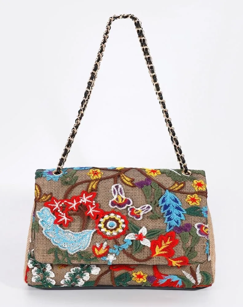 Floral Embroidery Woven Shoulder Bag for Women Shining Sequin Large Capacity Evening Clutch for Commuting Dating Party