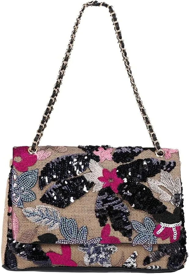Floral Embroidery Woven Shoulder Bag for Women Shining Sequin Large Capacity Evening Clutch for Commuting Dating Party
