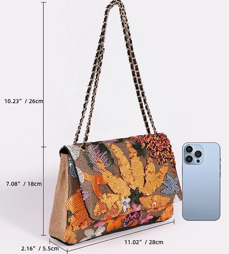 Floral Embroidery Woven Shoulder Bag for Women Shining Sequin Large Capacity Evening Clutch for Commuting Dating Party