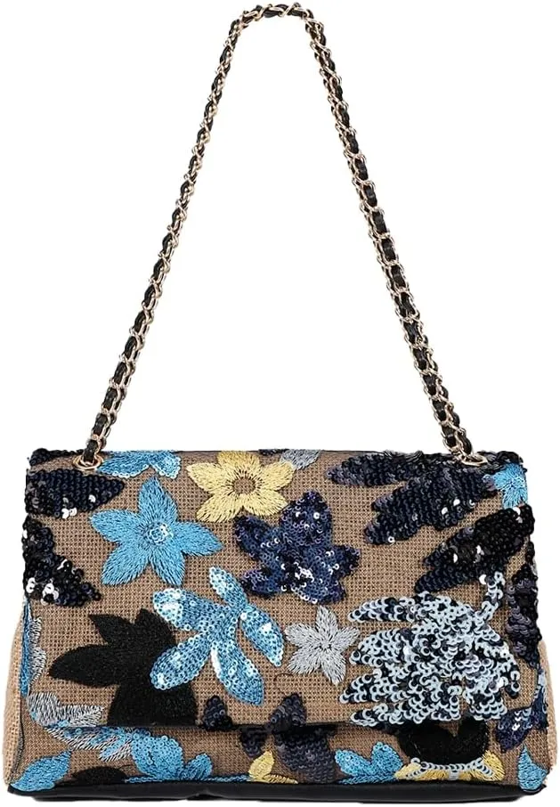 Floral Embroidery Woven Shoulder Bag for Women Shining Sequin Large Capacity Evening Clutch for Commuting Dating Party