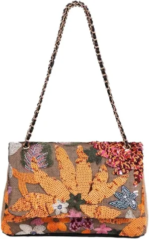 Floral Embroidery Woven Shoulder Bag for Women Shining Sequin Large Capacity Evening Clutch for Commuting Dating Party