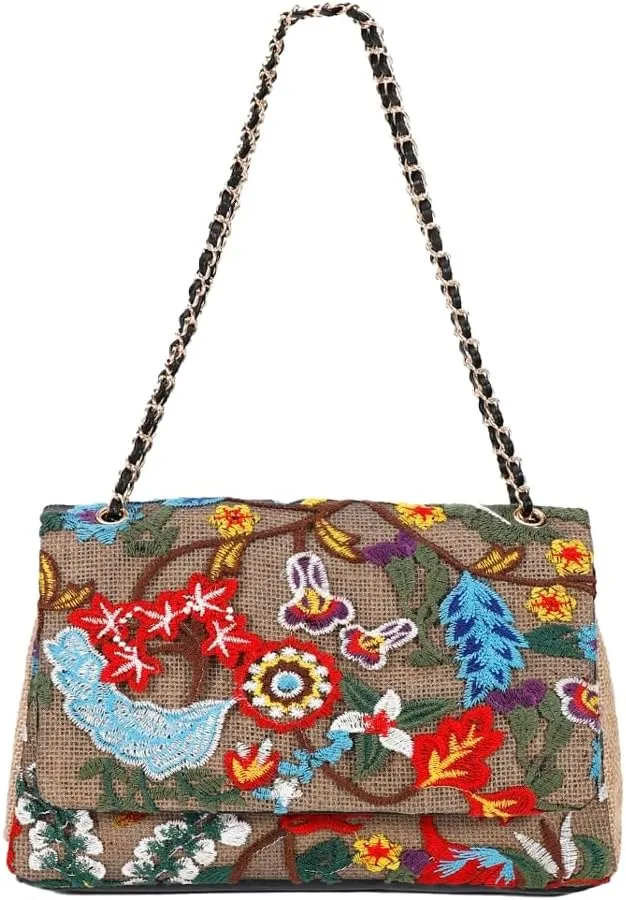 Floral Embroidery Woven Shoulder Bag for Women Shining Sequin Large Capacity Evening Clutch for Commuting Dating Party