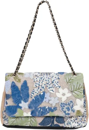Floral Embroidery Woven Shoulder Bag for Women Shining Sequin Large Capacity Evening Clutch for Commuting Dating Party
