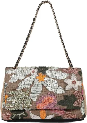Floral Embroidery Woven Shoulder Bag for Women Shining Sequin Large Capacity Evening Clutch for Commuting Dating Party