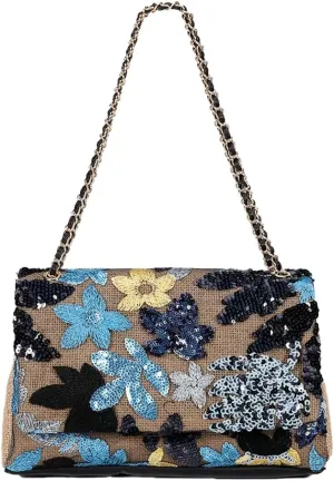 Floral Embroidery Woven Shoulder Bag for Women Shining Sequin Large Capacity Evening Clutch for Commuting Dating Party