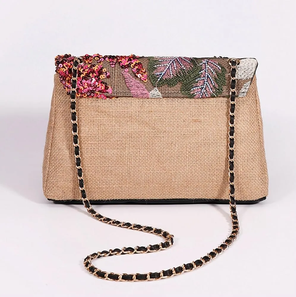 Floral Embroidery Woven Shoulder Bag for Women Shining Sequin Large Capacity Evening Clutch for Commuting Dating Party