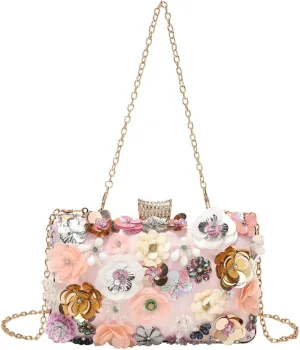 Floral Evening Bag for Women Chain Beaded Clutch Purse Sequins Rhinestone Crossbody Shoulder Bag Wedding Party Handbag