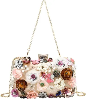 Floral Evening Bag for Women Chain Beaded Clutch Purse Sequins Rhinestone Crossbody Shoulder Bag Wedding Party Handbag