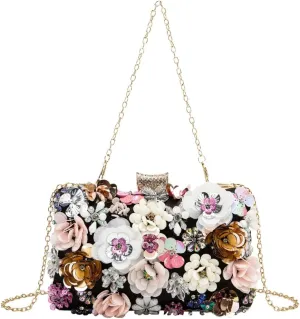Floral Evening Bag for Women Chain Beaded Clutch Purse Sequins Rhinestone Crossbody Shoulder Bag Wedding Party Handbag