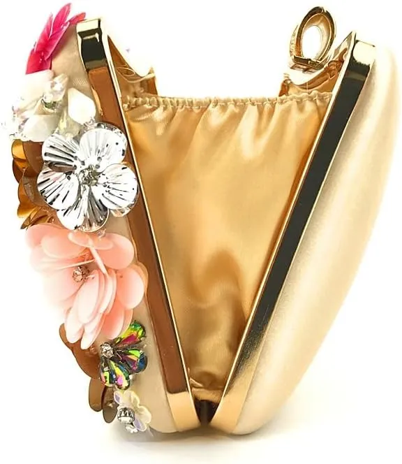 Floral Evening Bag for Women Chain Beaded Clutch Purse Sequins Rhinestone Crossbody Shoulder Bag Wedding Party Handbag