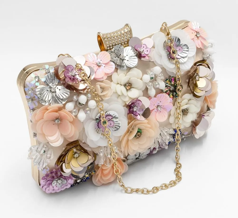 Floral Evening Bag for Women Chain Beaded Clutch Purse Sequins Rhinestone Crossbody Shoulder Bag Wedding Party Handbag