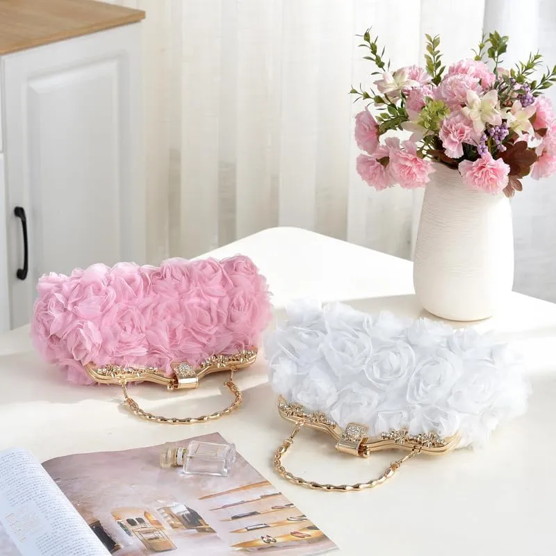 Floral Lace Evening Clutch Purse, Rose Wedding Handbag with Chain Strap, Bridesmaid Dress Bag