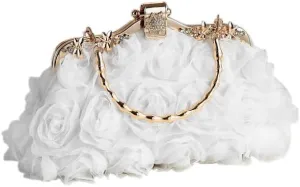 Floral Lace Evening Clutch Purse, Rose Wedding Handbag with Chain Strap, Bridesmaid Dress Bag