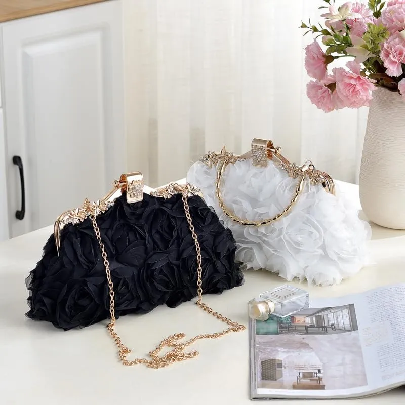 Floral Lace Evening Clutch Purse, Rose Wedding Handbag with Chain Strap, Bridesmaid Dress Bag