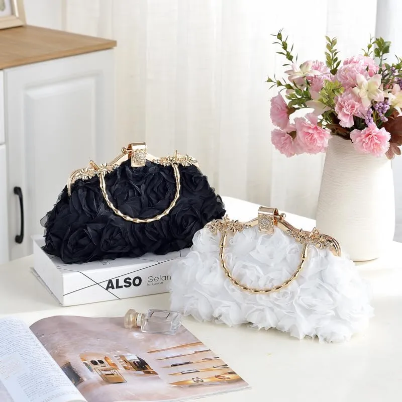 Floral Lace Evening Clutch Purse, Rose Wedding Handbag with Chain Strap, Bridesmaid Dress Bag