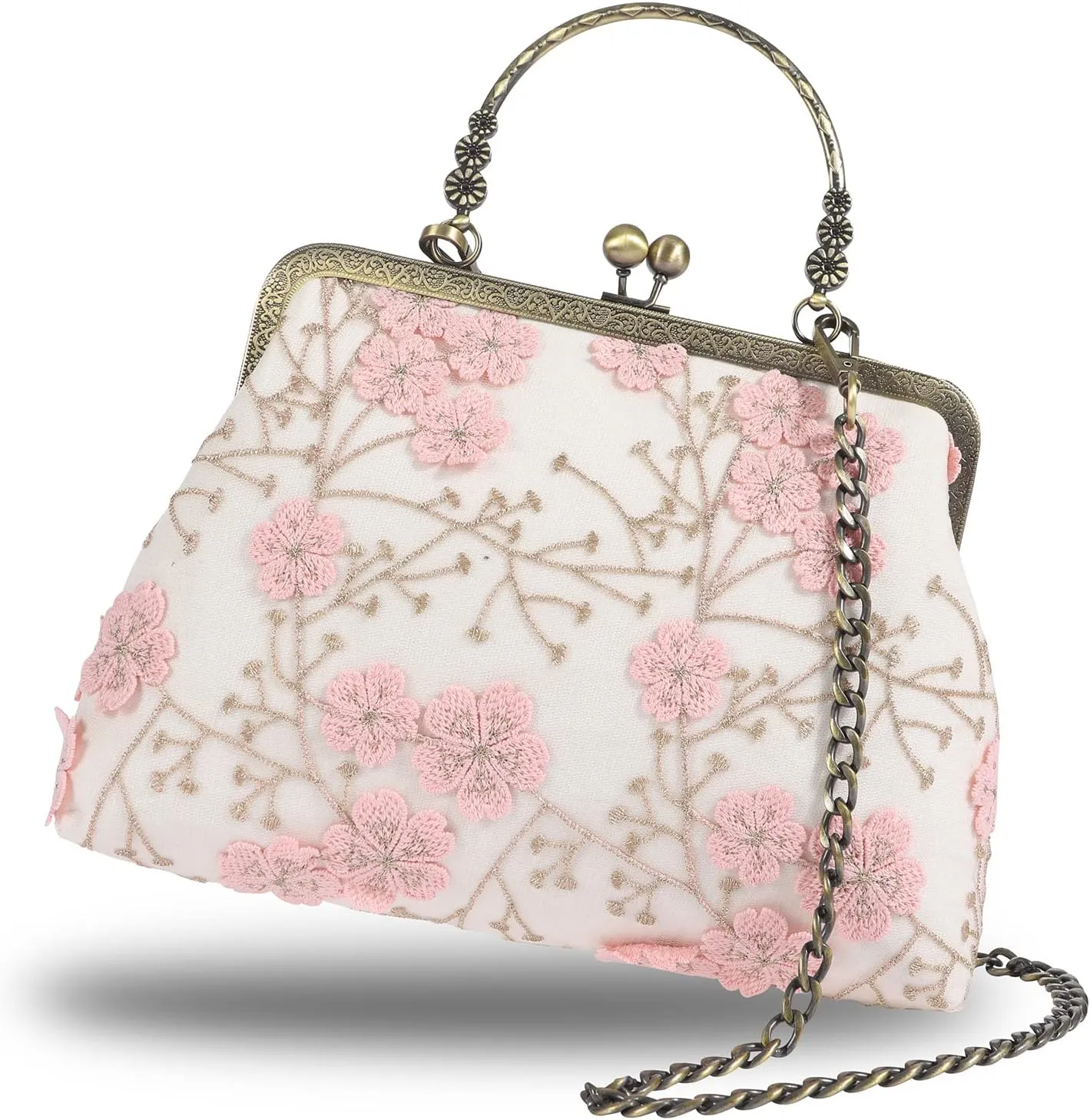 Floral Top-Handle Handbag, Kiss Lock Evening Bag for Women, Vintage Handbag