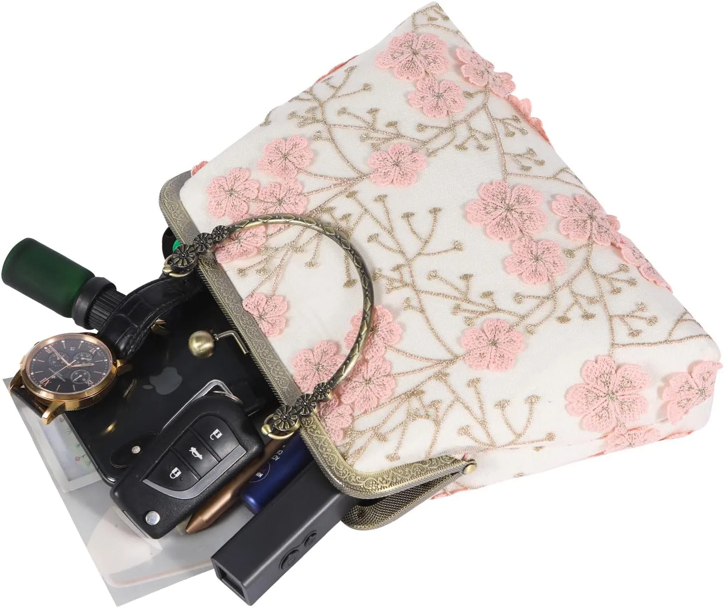 Floral Top-Handle Handbag, Kiss Lock Evening Bag for Women, Vintage Handbag