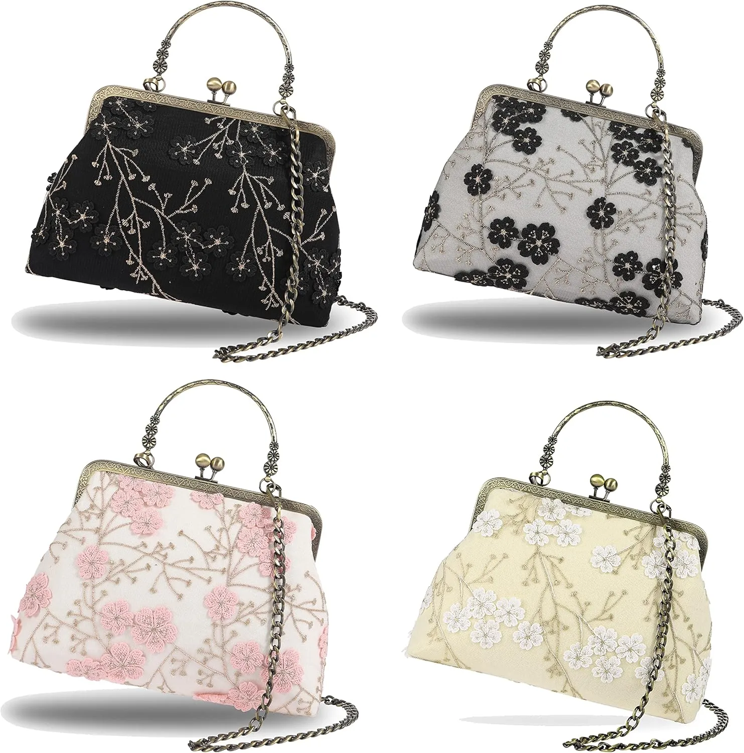 Floral Top-Handle Handbag, Kiss Lock Evening Bag for Women, Vintage Handbag