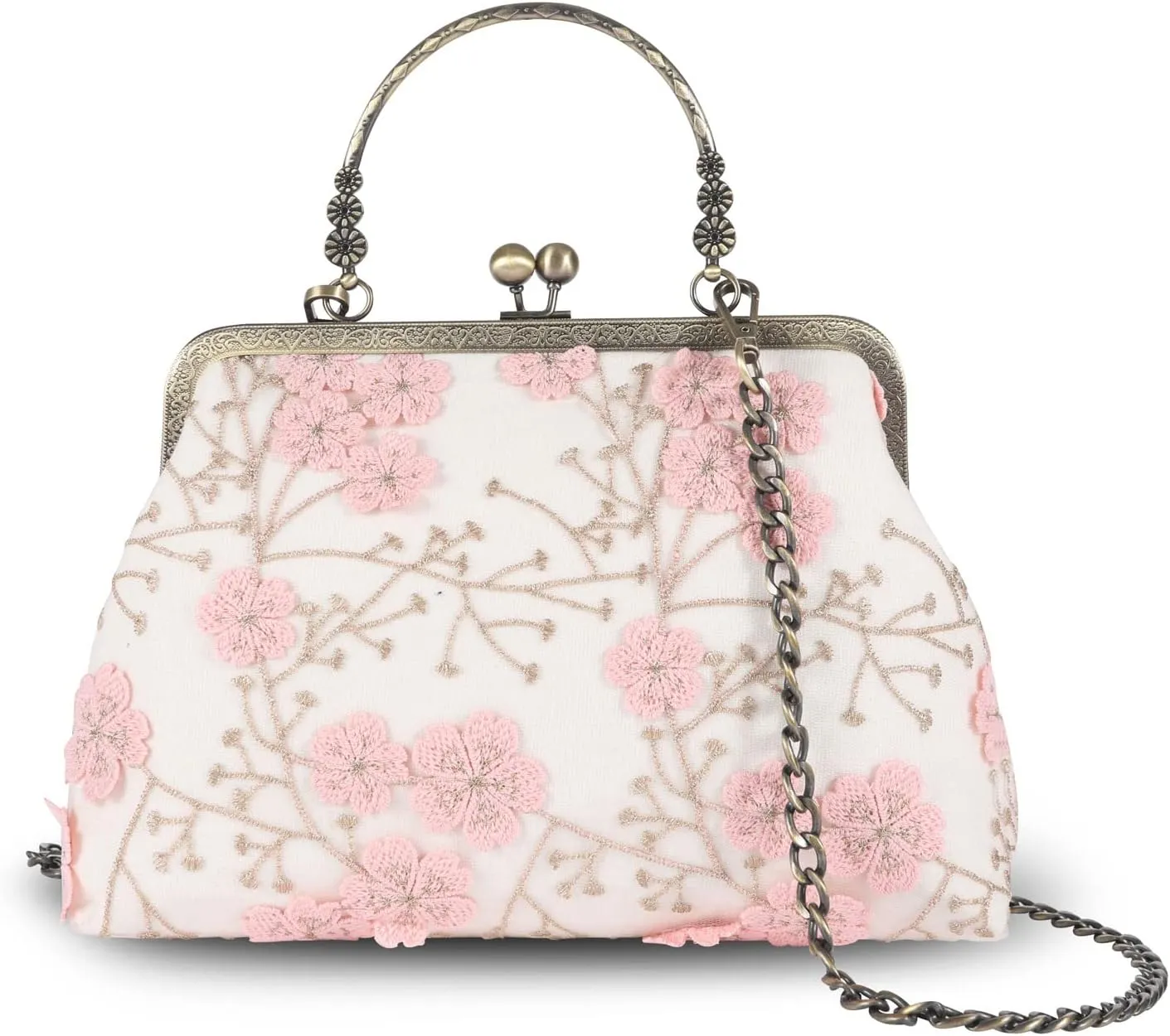 Floral Top-Handle Handbag, Kiss Lock Evening Bag for Women, Vintage Handbag
