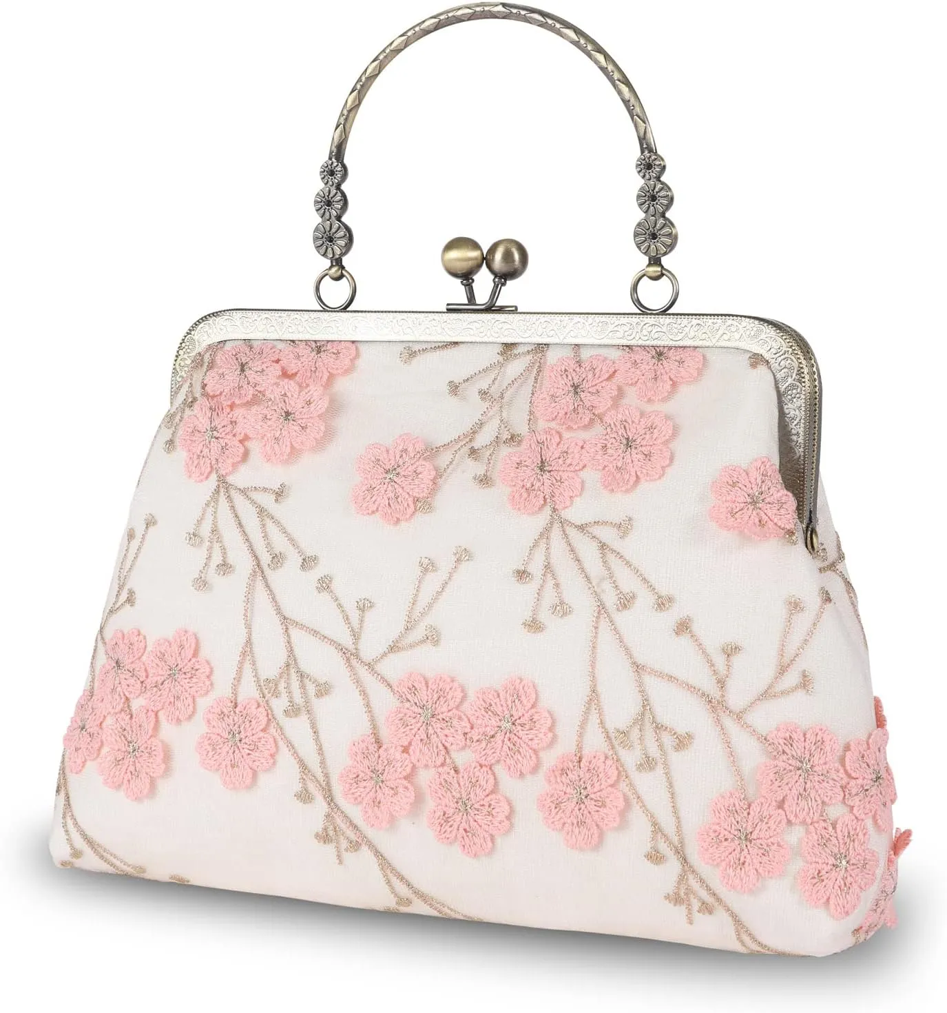 Floral Top-Handle Handbag, Kiss Lock Evening Bag for Women, Vintage Handbag