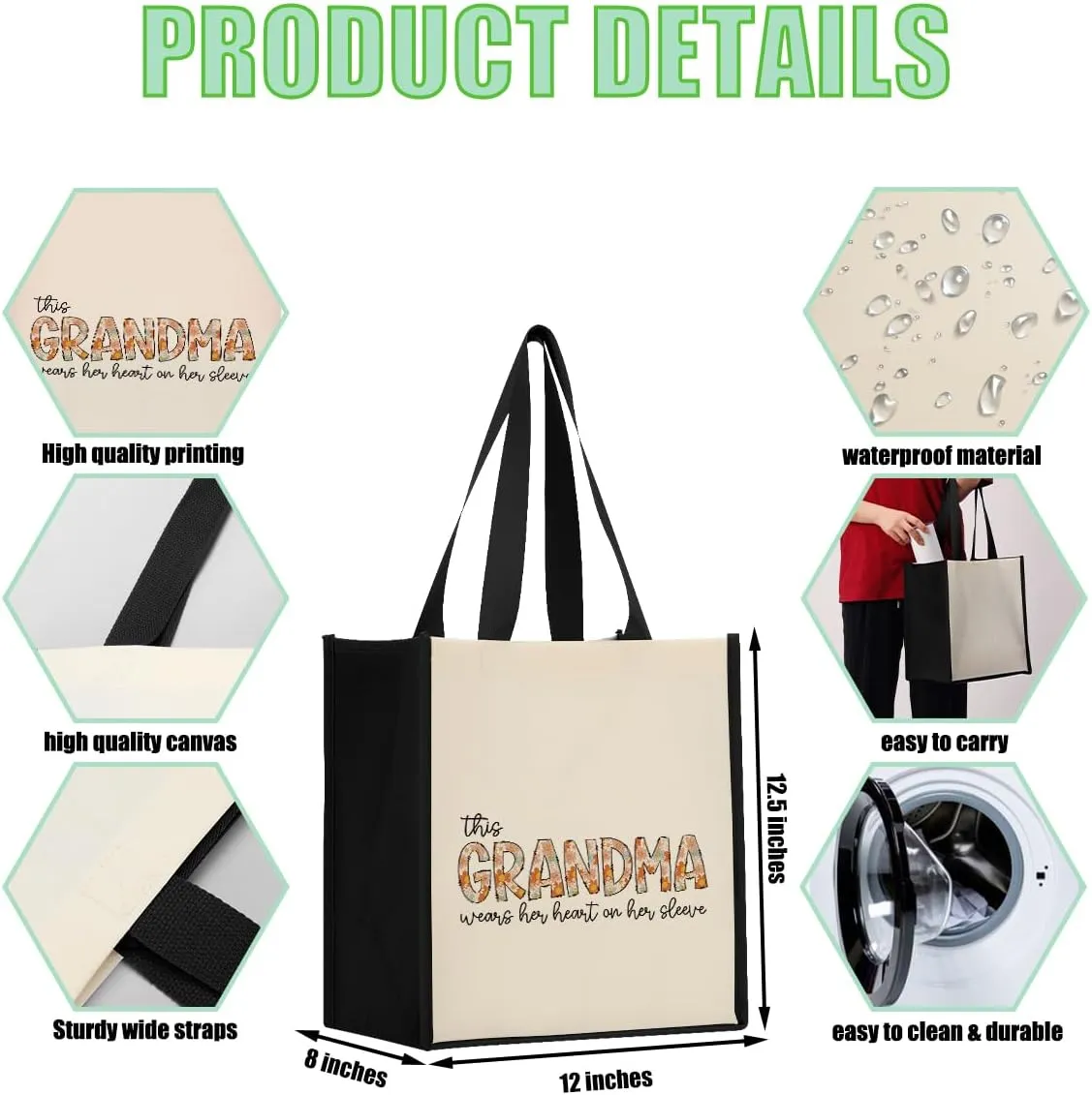 Floral Tote Bag Waterproof Reusable Grocery Bags Beach Bag Grandma Gifts Ideas for Grandma Mom Mum Nana Mimi