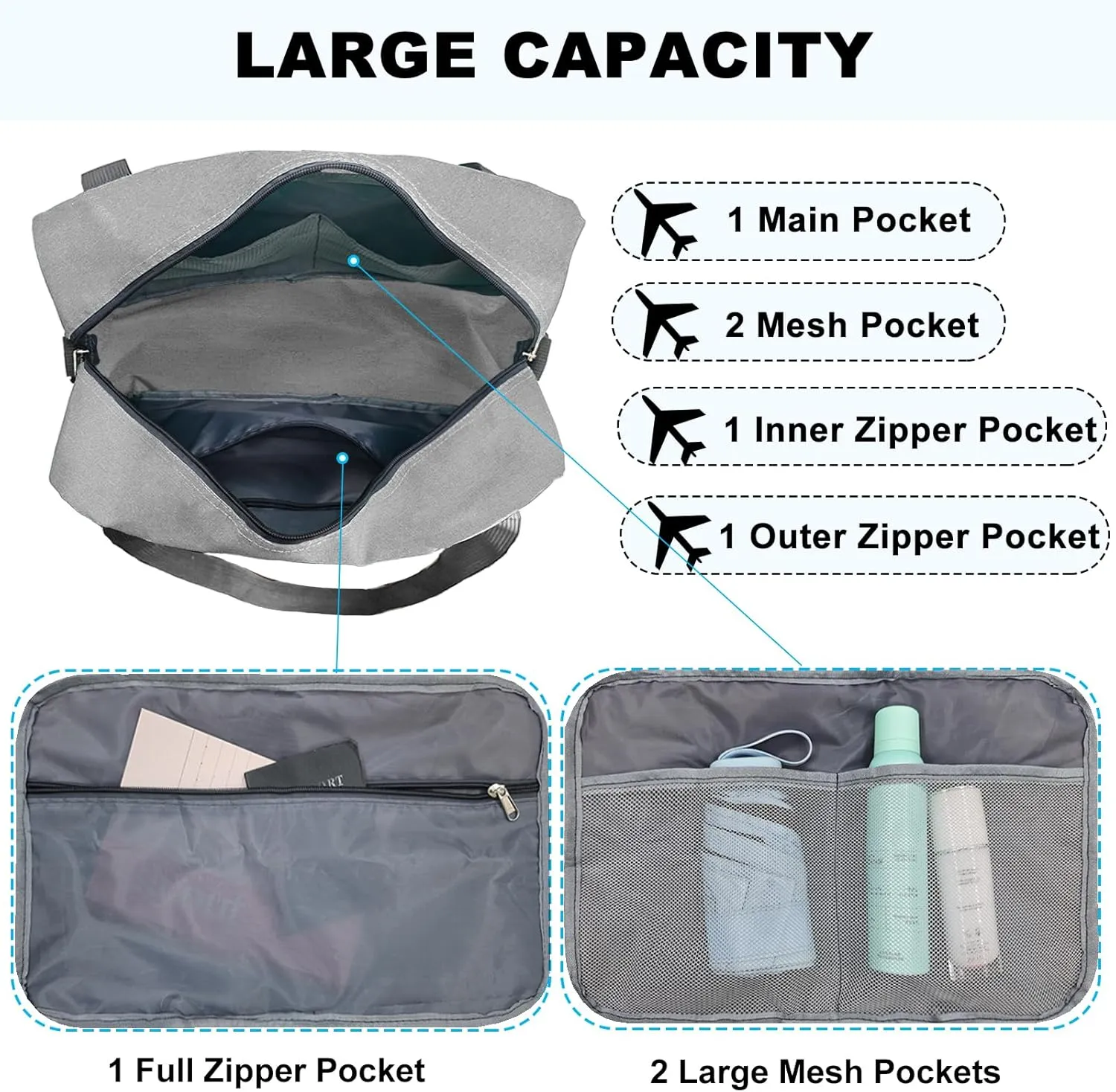 Foldable Carry on Luggage Bag 22x14x9 Personal Item Bag for Airplanes Travel Duffel Bag for Women and Men (40L, Dark Grey)