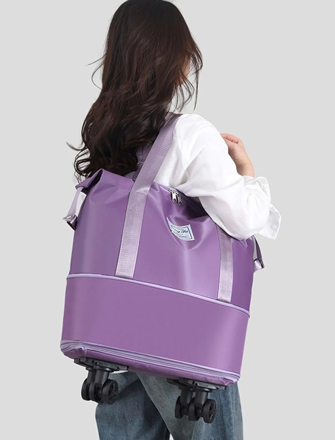 Foldable Tote Bag Expandable on Wheels, Beente Travel Bag with Removable Wheels, Dry And Wet Separation Waterproof Foldable Travel Bag Detachable Rolling (Pink)