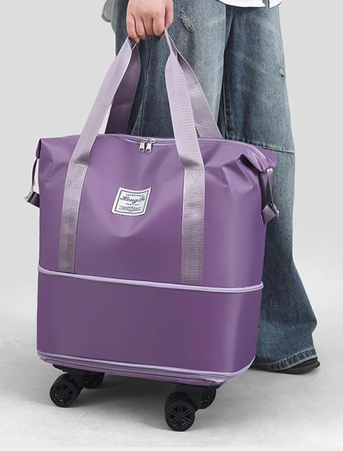 Foldable Tote Bag Expandable on Wheels, Beente Travel Bag with Removable Wheels, Dry And Wet Separation Waterproof Foldable Travel Bag Detachable Rolling (Pink)