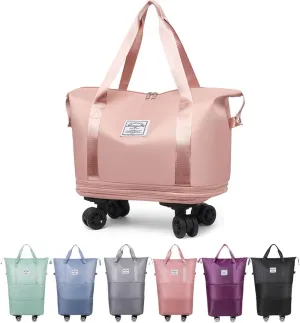 Foldable Tote Bag Expandable on Wheels, Beente Travel Bag with Removable Wheels, Dry And Wet Separation Waterproof Foldable Travel Bag Detachable Rolling (Pink)
