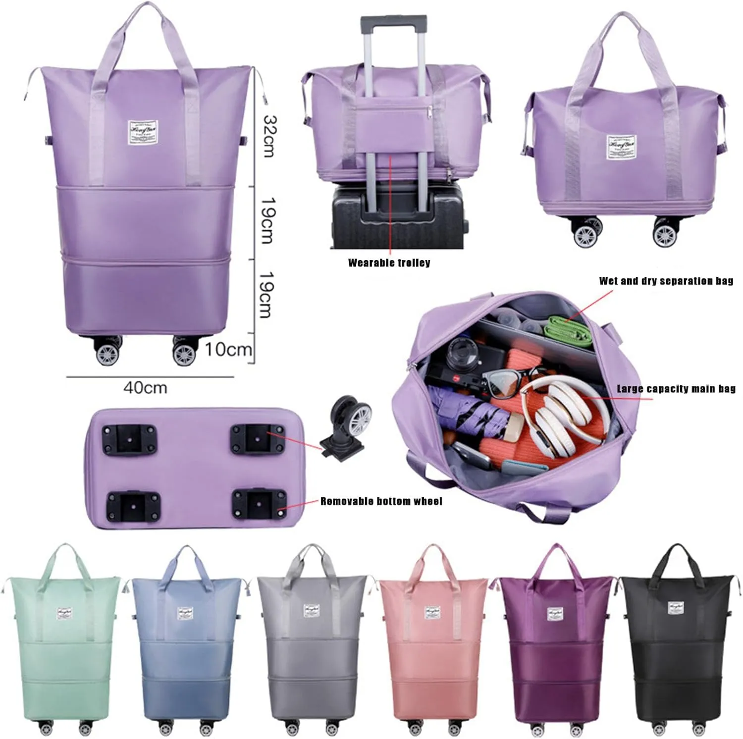 Foldable Tote Bag Expandable on Wheels, Beente Travel Bag with Removable Wheels, Dry And Wet Separation Waterproof Foldable Travel Bag Detachable Rolling (Pink)