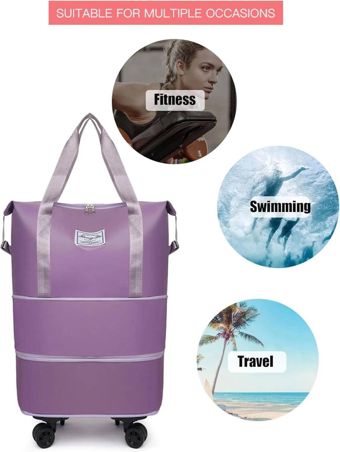 Foldable Tote Bag Expandable on Wheels, Beente Travel Bag with Removable Wheels, Dry And Wet Separation Waterproof Foldable Travel Bag Detachable Rolling (Pink)