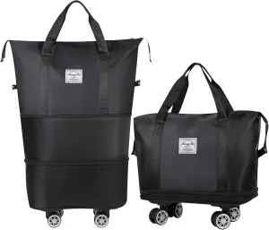 Foldable Travel Bag, Expandable Duffel Bag Suitcase, Detachable Rolling Wheels, Carry-on Large Duffel Bag, Luggage Bag, Suit Gym, Camping or Business Trip (Black)