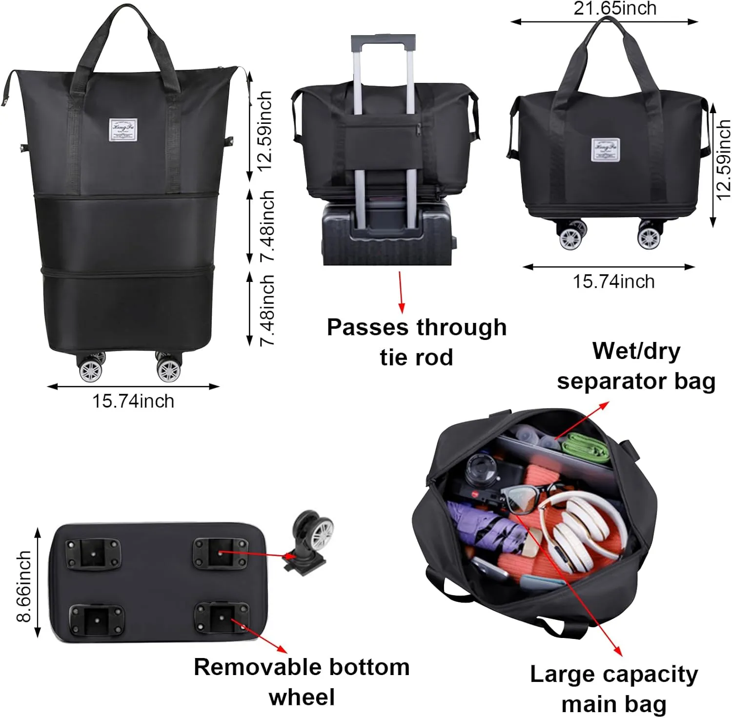 Foldable Travel Bag, Expandable Duffel Bag Suitcase, Detachable Rolling Wheels, Carry-on Large Duffel Bag, Luggage Bag, Suit Gym, Camping or Business Trip (Black)