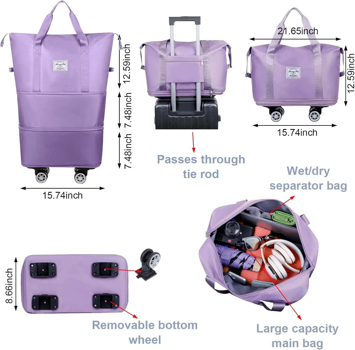 Foldable Travel Bag, Expandable Duffel Bag Suitcase, Detachable Rolling Wheels, Carry-on Large Duffel Bag, Luggage Bag, Suit Gym, Camping or Business Trip (Purple)
