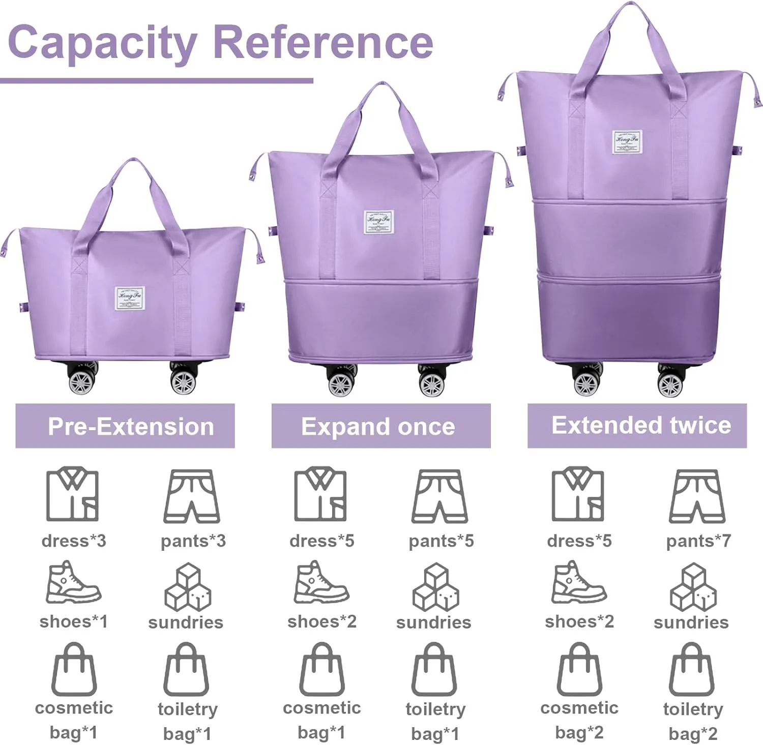 Foldable Travel Bag, Expandable Duffel Bag Suitcase, Detachable Rolling Wheels, Carry-on Large Duffel Bag, Luggage Bag, Suit Gym, Camping or Business Trip (Purple)