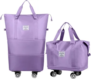 Foldable Travel Bag, Expandable Duffel Bag Suitcase, Detachable Rolling Wheels, Carry-on Large Duffel Bag, Luggage Bag, Suit Gym, Camping or Business Trip (Purple)