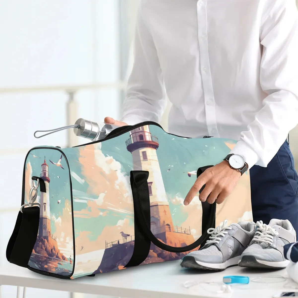 Foldable Travel Bag Lighthouse Seagull Lightweight Carry On Bags for Airplanes Waterproof Travel Duffle Bag For Gym Weekend Overnight