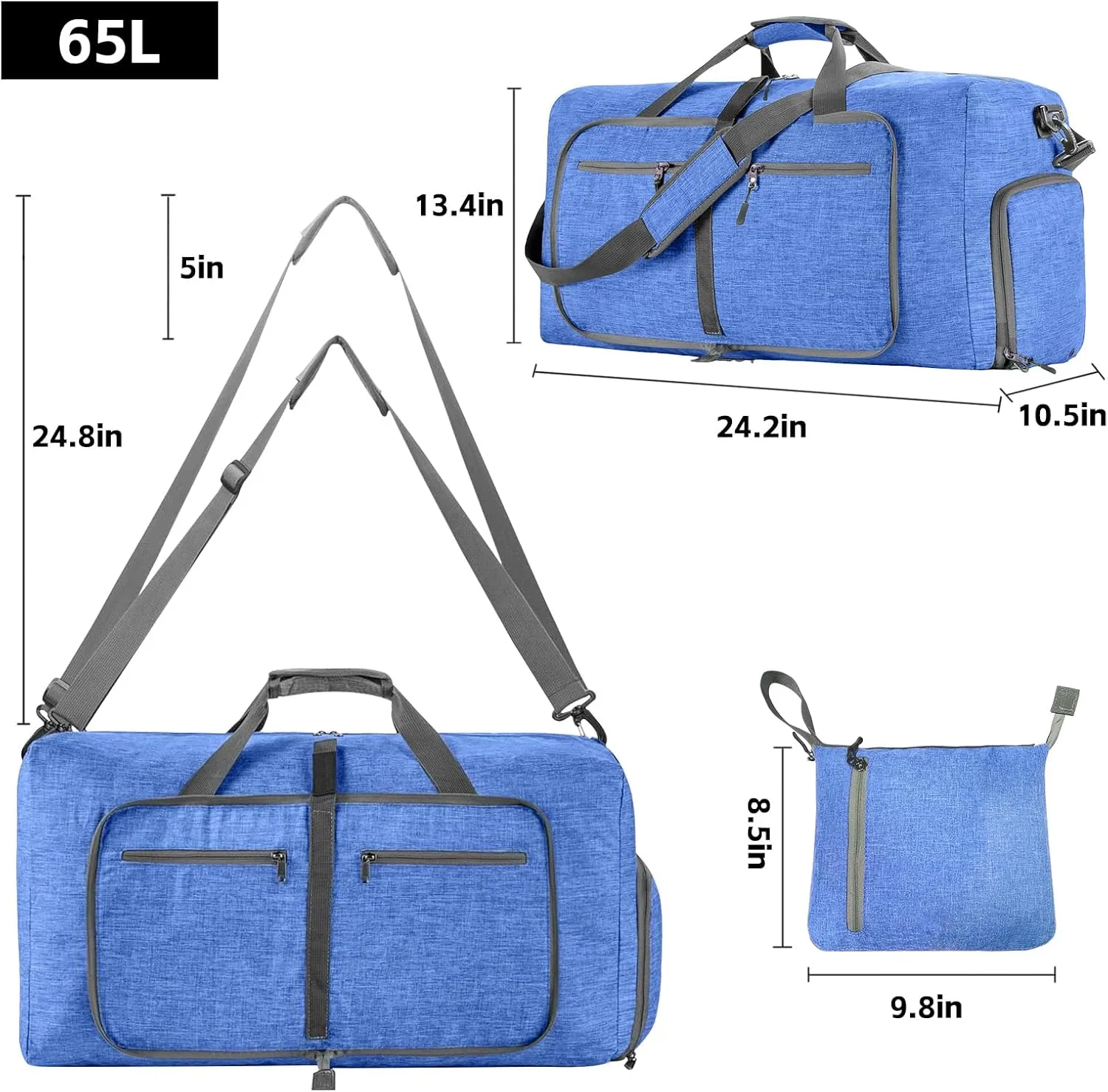 Foldable Travel Duffle Bag for Men, 65L Duffle Bag with Shoes Compartment (Blue)