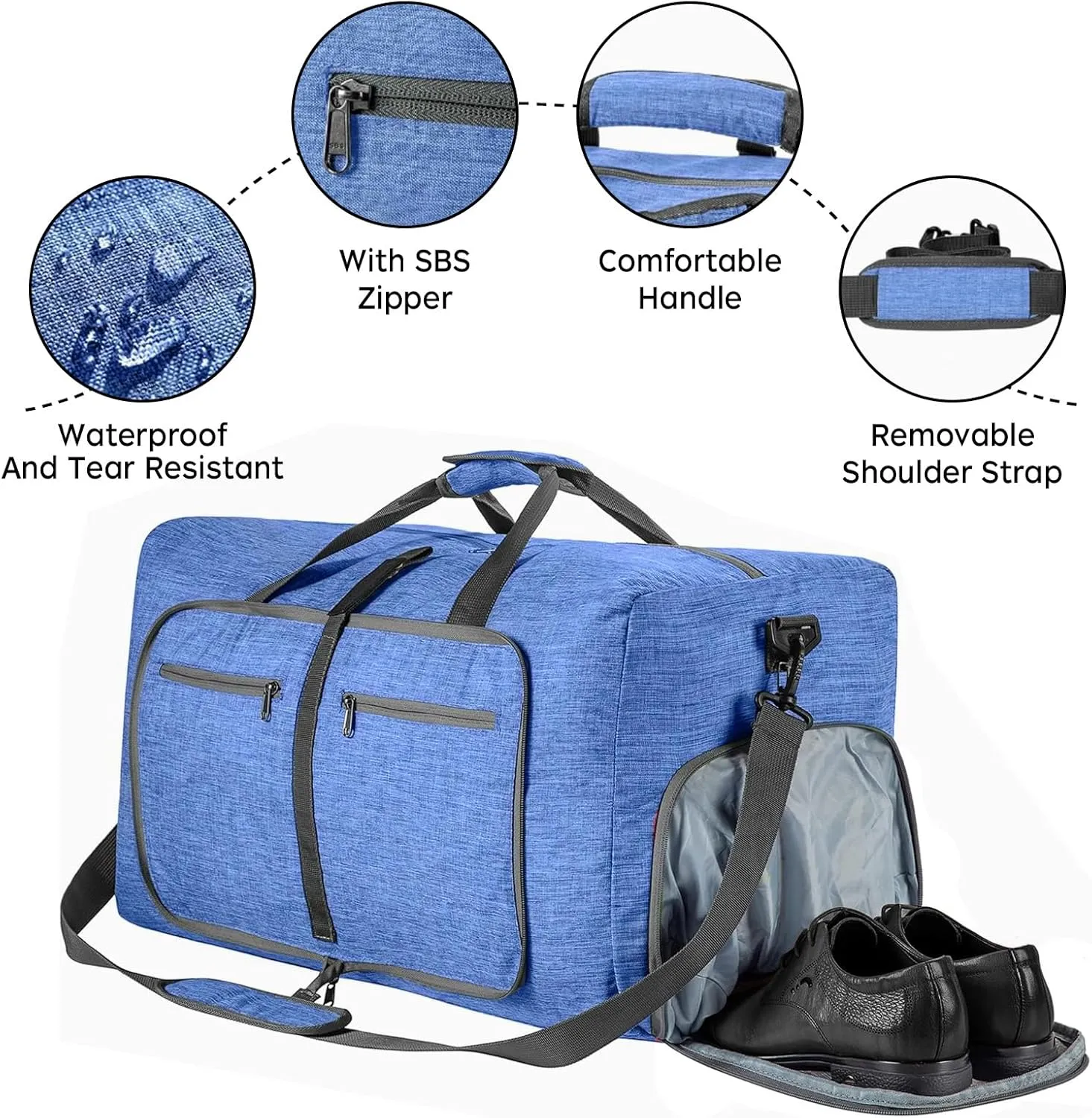 Foldable Travel Duffle Bag for Men, 65L Duffle Bag with Shoes Compartment (Blue)