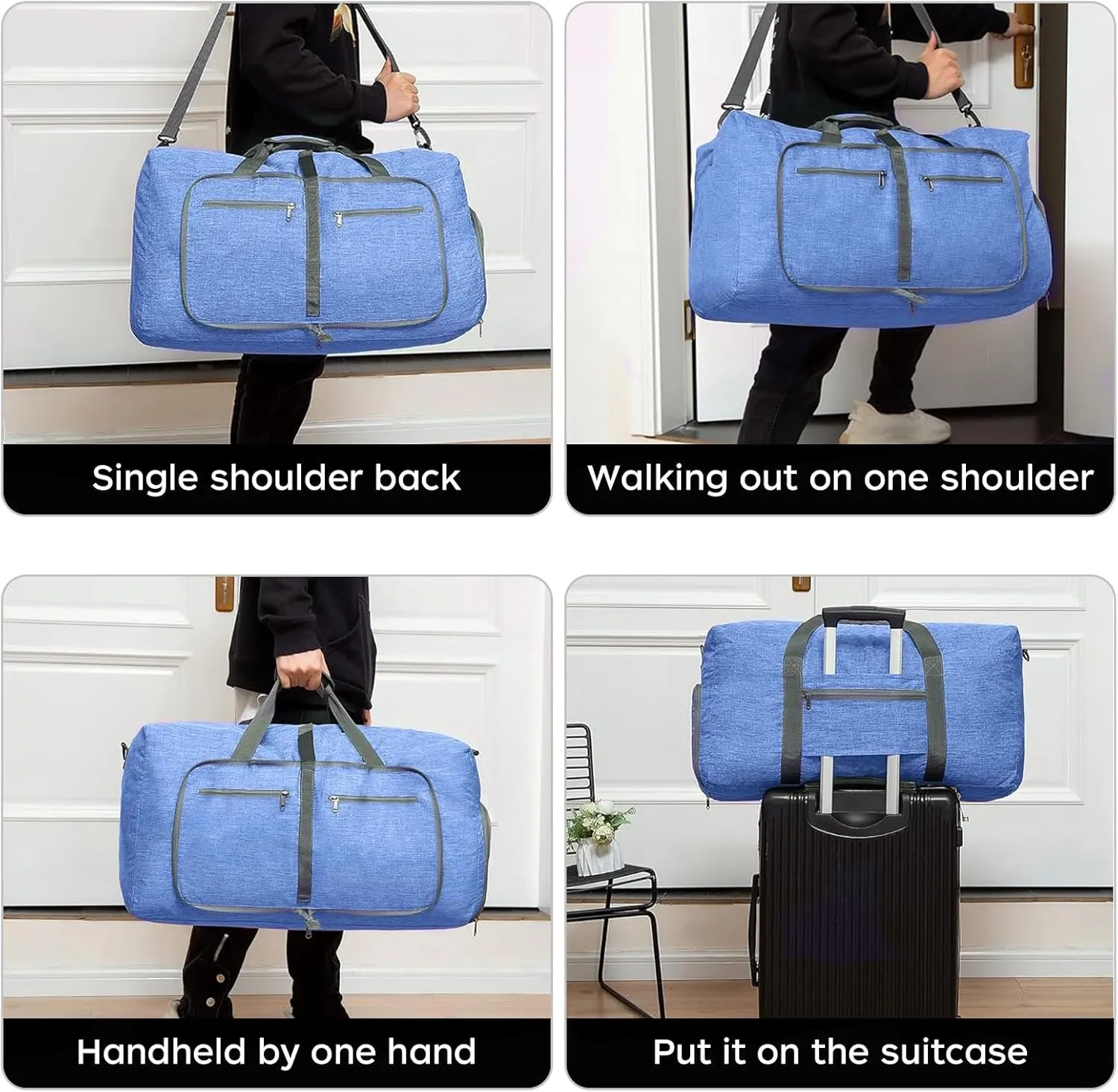 Foldable Travel Duffle Bag for Men, 65L Duffle Bag with Shoes Compartment (Blue)