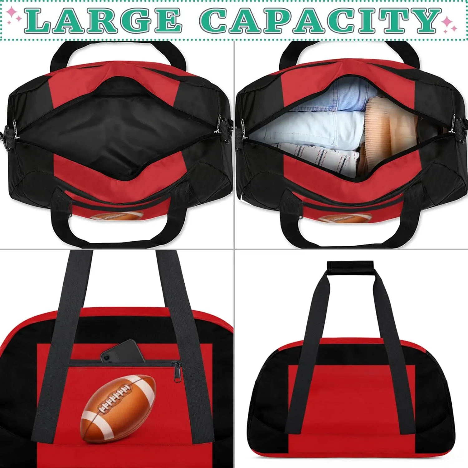Football Bag, Sport Duffel Gym Gymnastics American Football Training Weekender Gym Travel Duffel Bags, Black Red