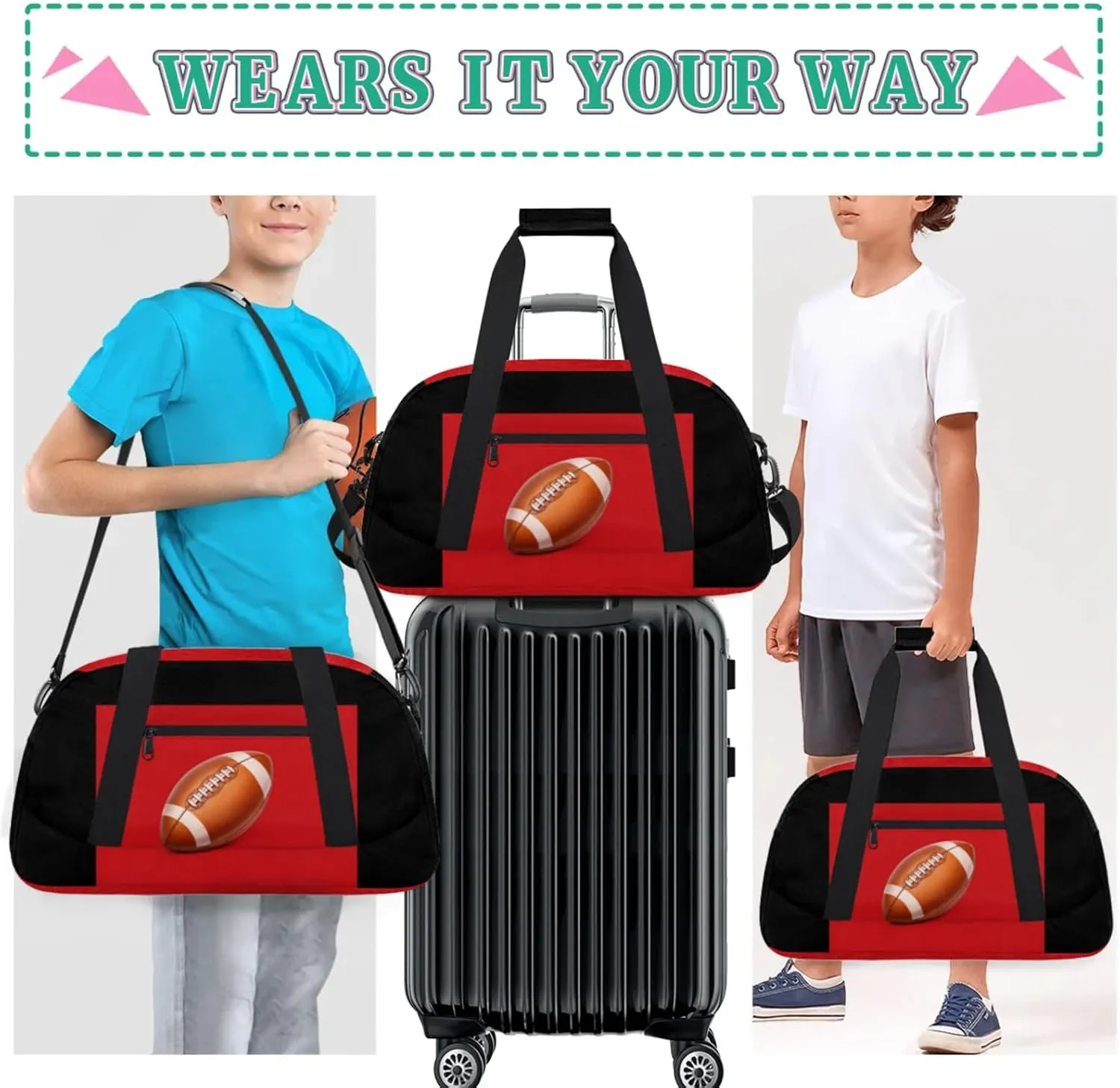 Football Bag, Sport Duffel Gym Gymnastics American Football Training Weekender Gym Travel Duffel Bags, Black Red