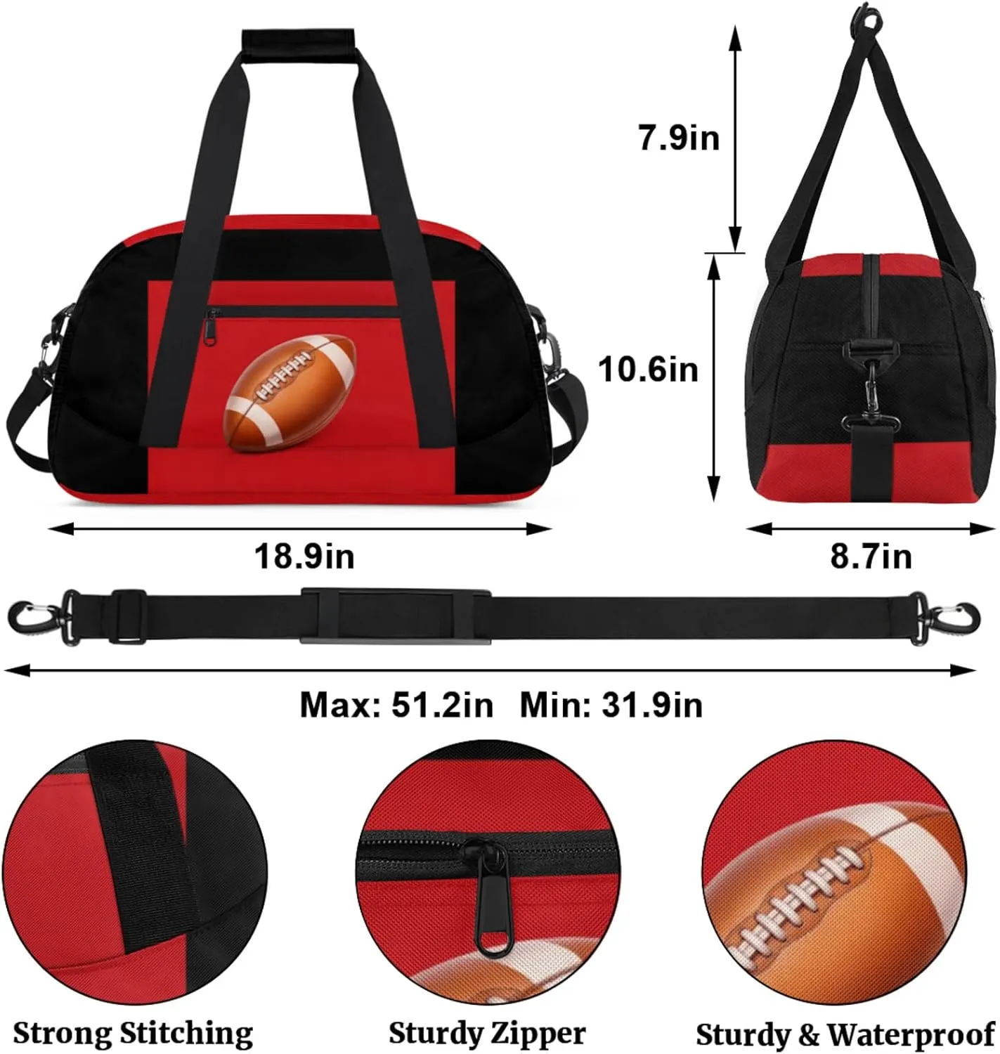 Football Bag, Sport Duffel Gym Gymnastics American Football Training Weekender Gym Travel Duffel Bags, Black Red