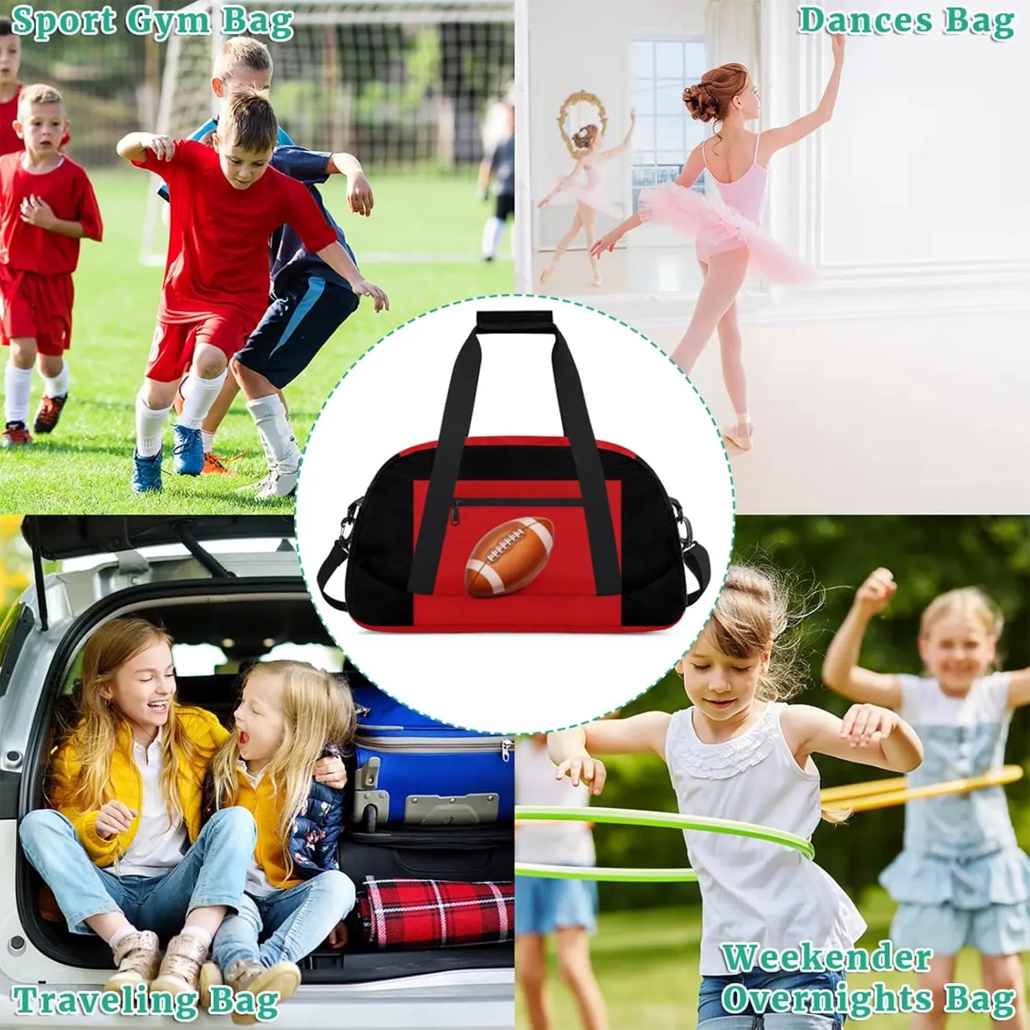 Football Bag, Sport Duffel Gym Gymnastics American Football Training Weekender Gym Travel Duffel Bags, Black Red