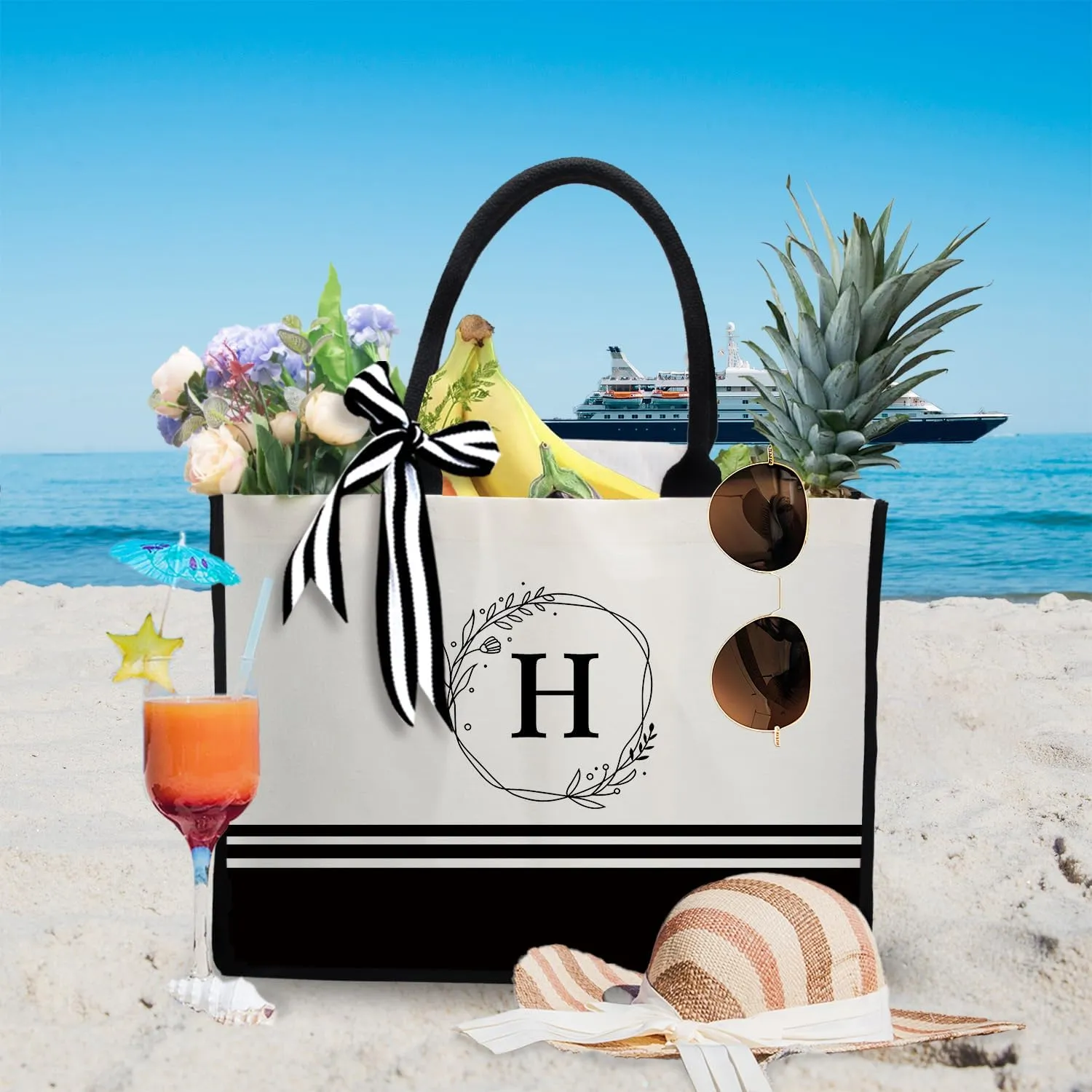 FOURTH WING Personalized Initial Canvas Beach Bag,Monogrammed Gift Tote Bag for Women,Gift for Birthday Wedding Bridesmaid